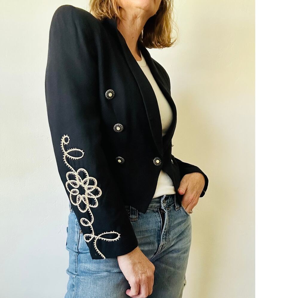 Vintage 90s Bolero Blazer Cropped Structured Size Sm Black Military Embellished
